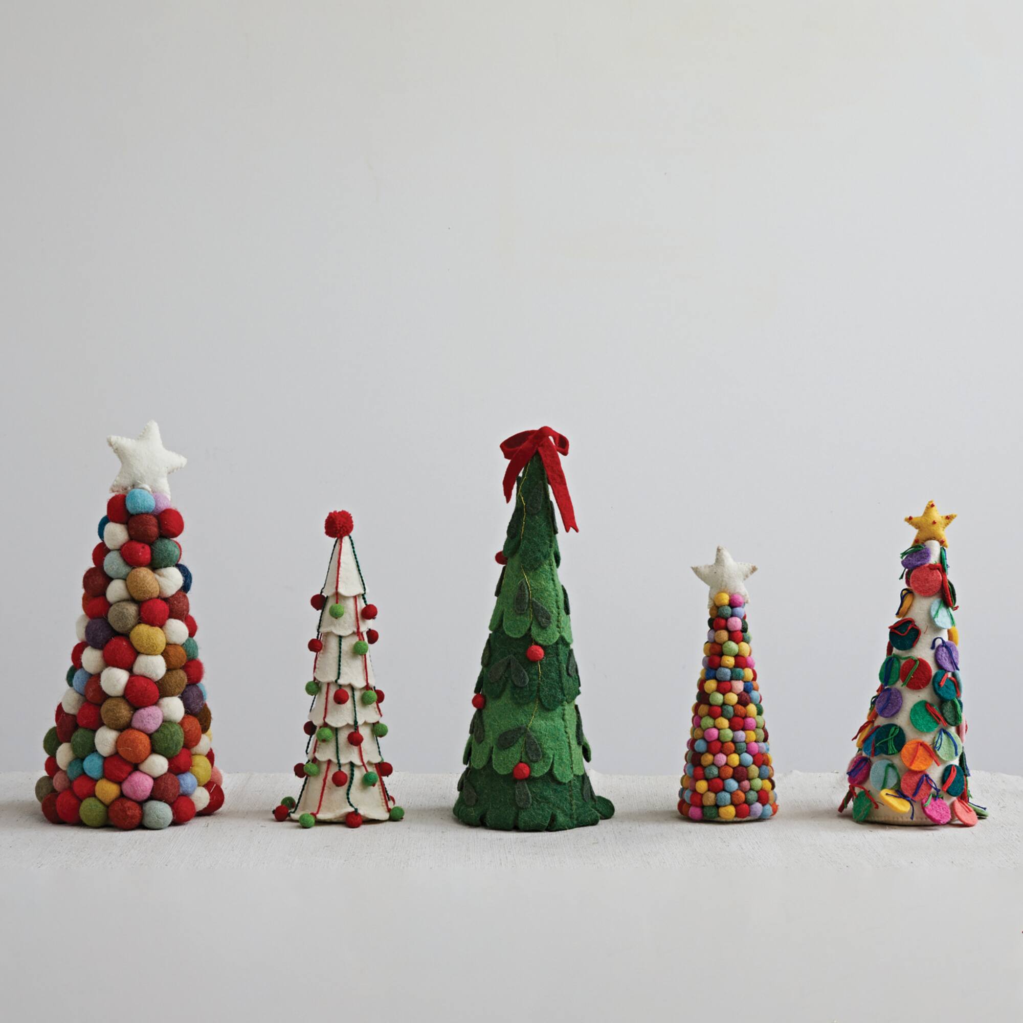 Hello Honey® 13" Cream Handmade Wool Felt Tree with Red & Green Pom Poms